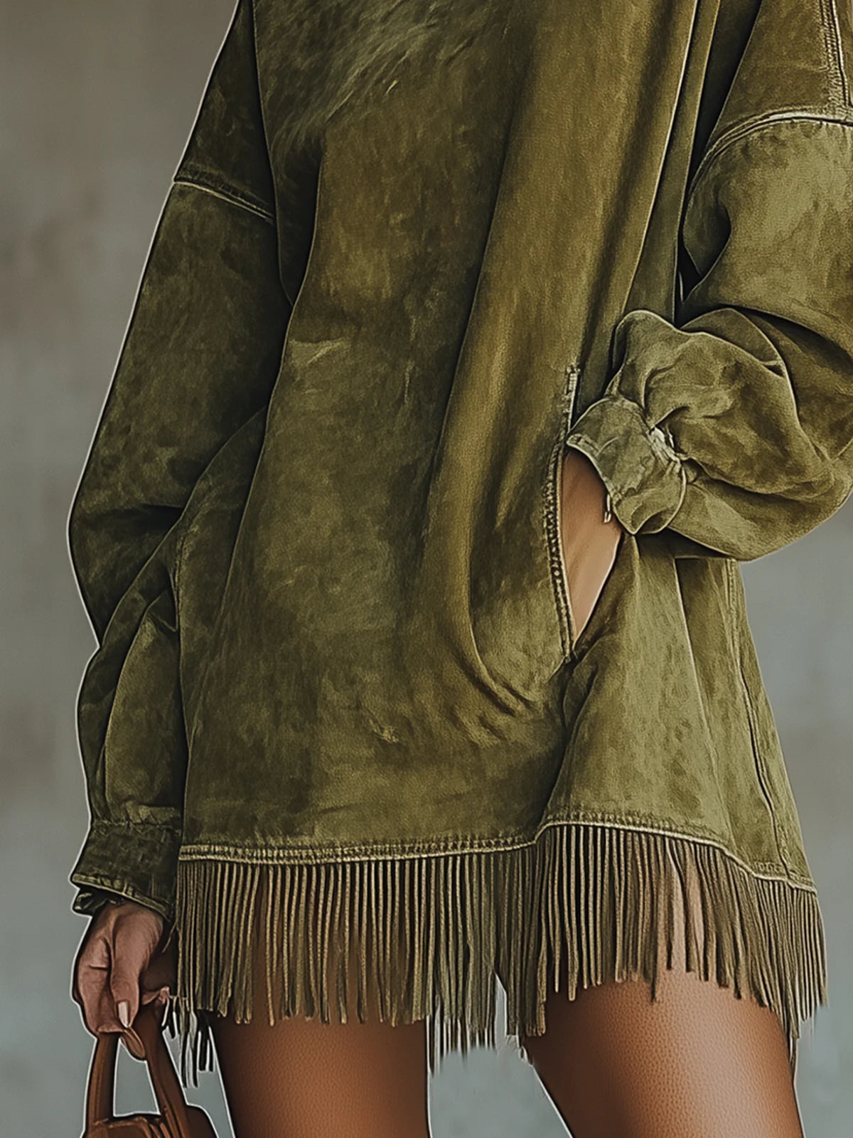 Liliana | Faux Suede Turtleneck Dress With Fringe Hem
