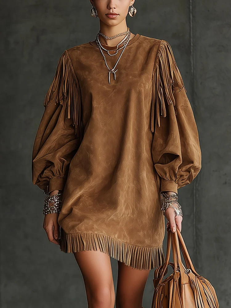 Everleigh | Vintage Brown Suede Fringed Puff Sleeve Mini Dress