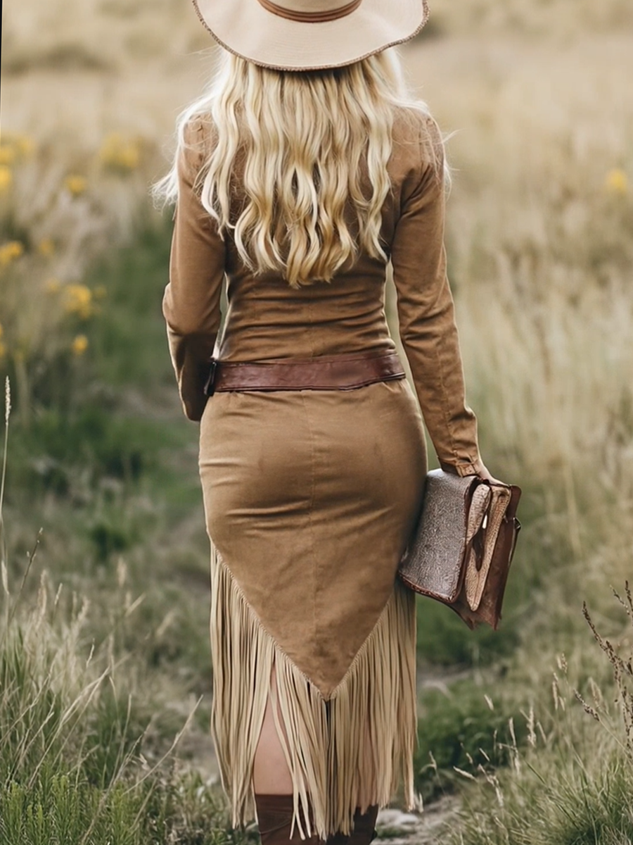 Raelynn | Retro Western Lapel Zipper Long Sleeve Tassel Midi Dress