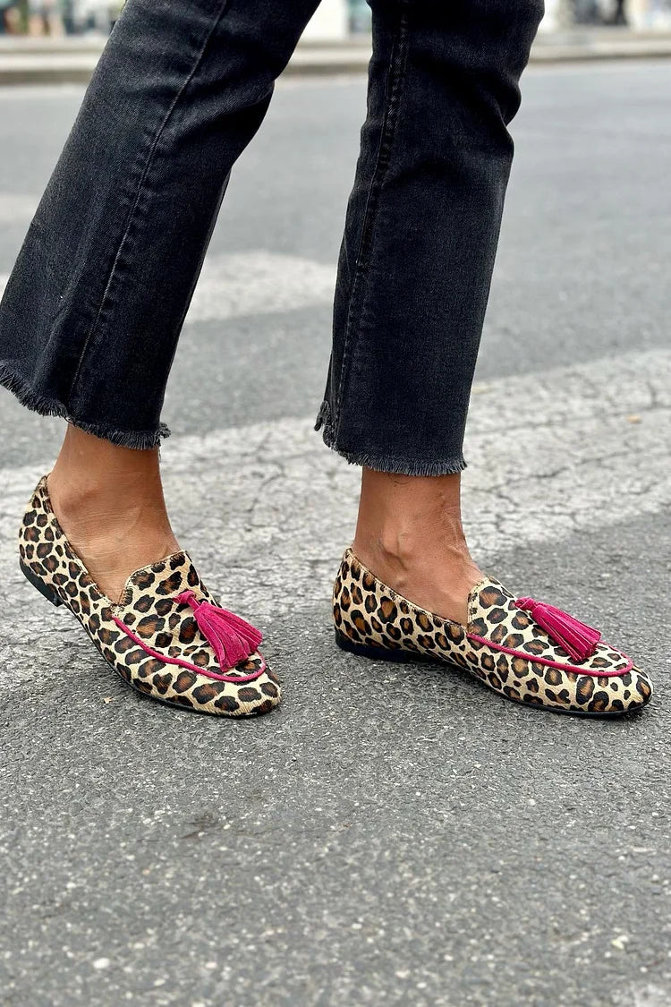 Melissa | Animal Print Loafer With Fuchsia Fringes