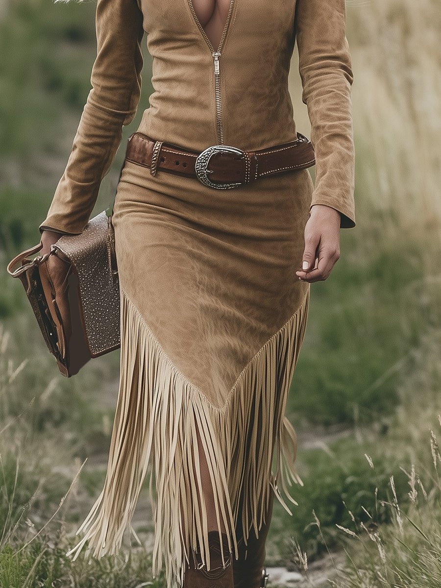 Raelynn | Retro Western Lapel Zipper Long Sleeve Tassel Midi Dress
