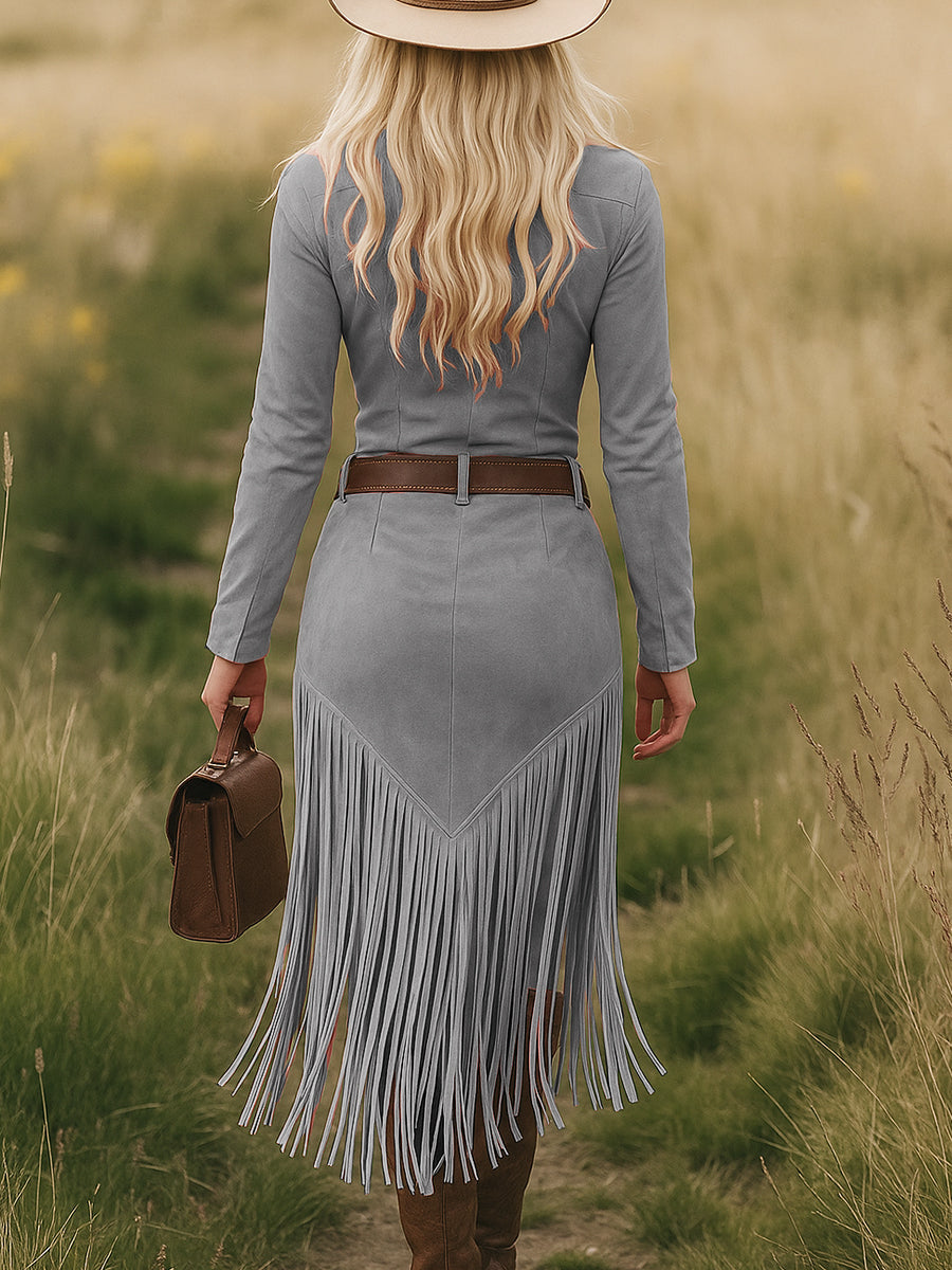 Raelynn | Retro Western Lapel Zipper Long Sleeve Tassel Midi Dress