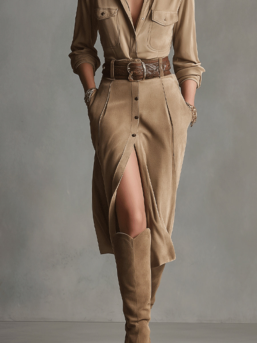 Ashley | Brown Fashion Suede Midi Dress