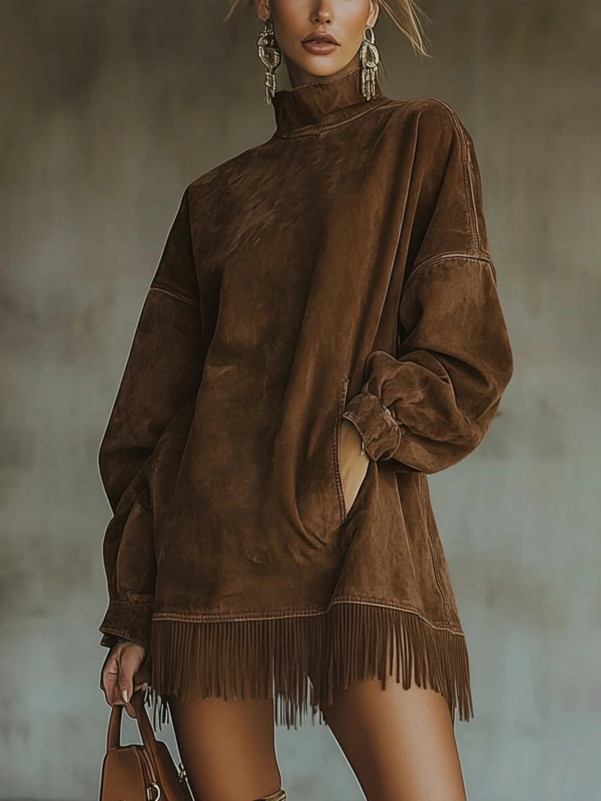 Liliana | Faux Suede Turtleneck Dress With Fringe Hem