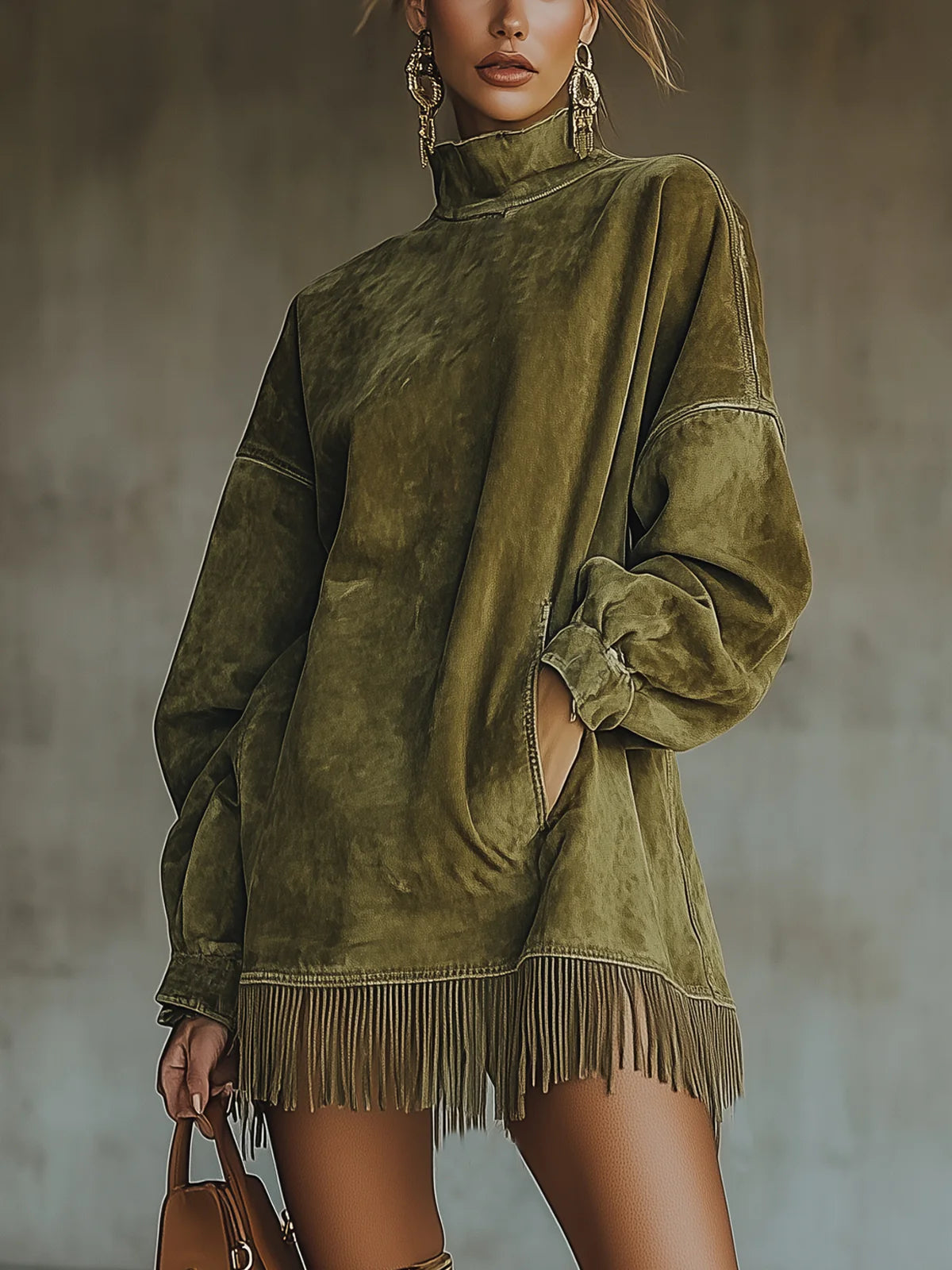 Liliana | Faux Suede Turtleneck Dress With Fringe Hem