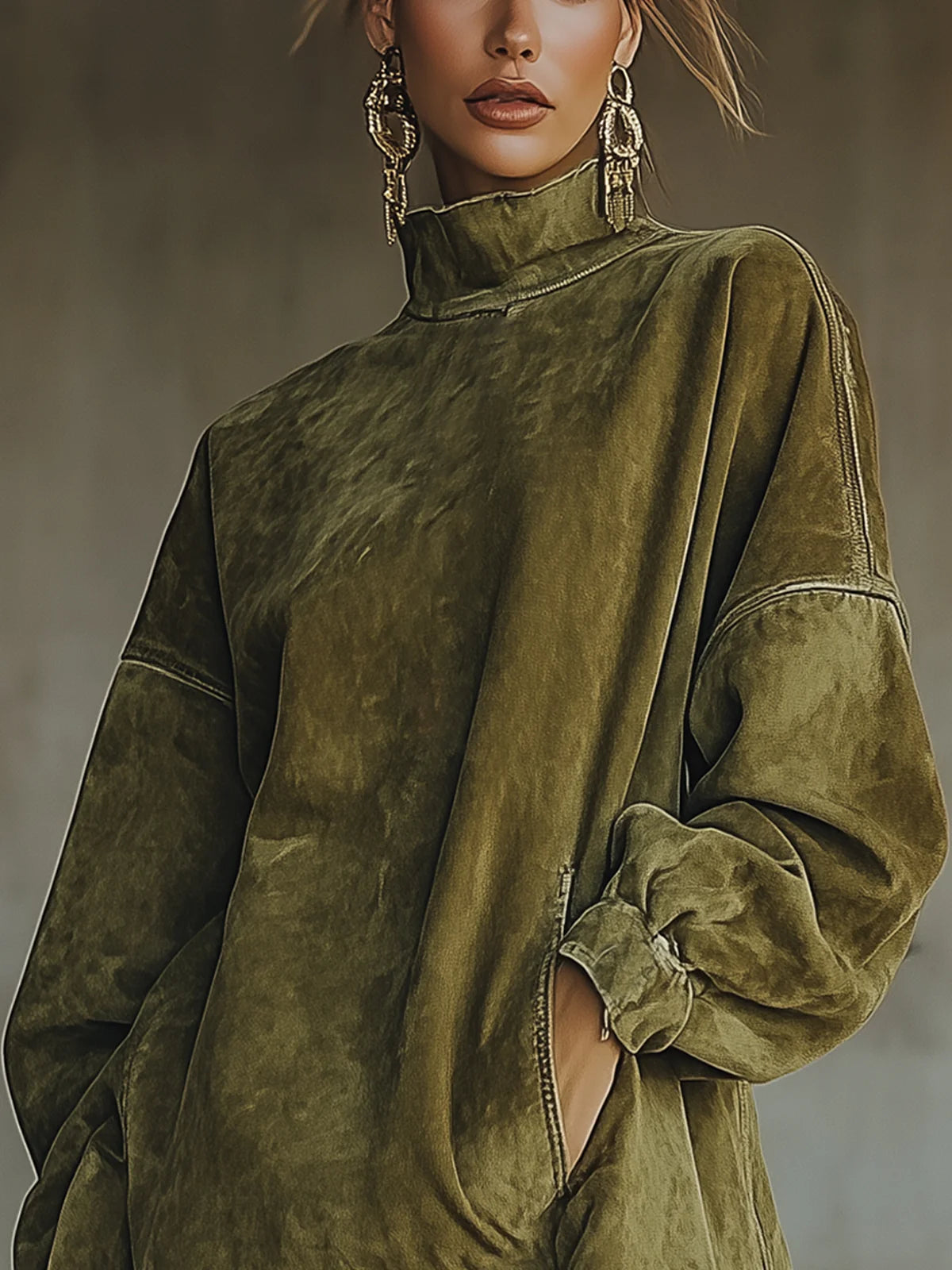 Liliana | Faux Suede Turtleneck Dress With Fringe Hem