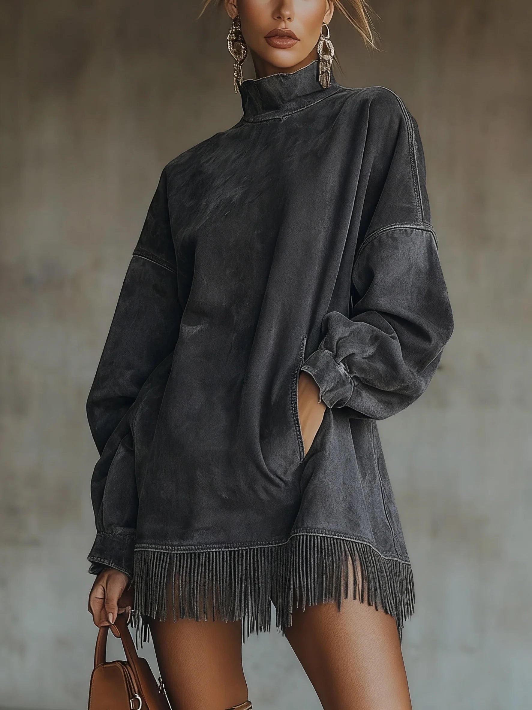 Liliana | Faux Suede Turtleneck Dress With Fringe Hem