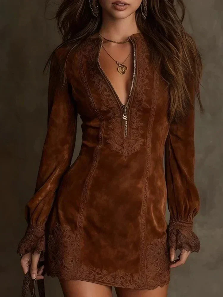 Melanie | Short Suede Lace Dress Feminine & Sophisticated
