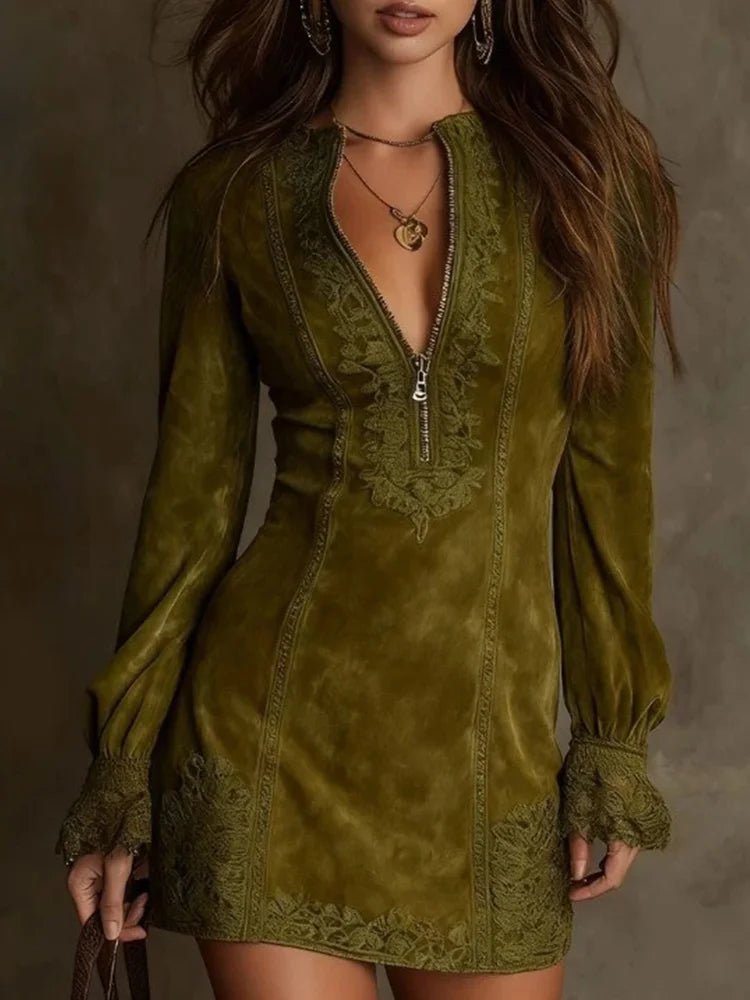 Melanie | Short Suede Lace Dress Feminine & Sophisticated