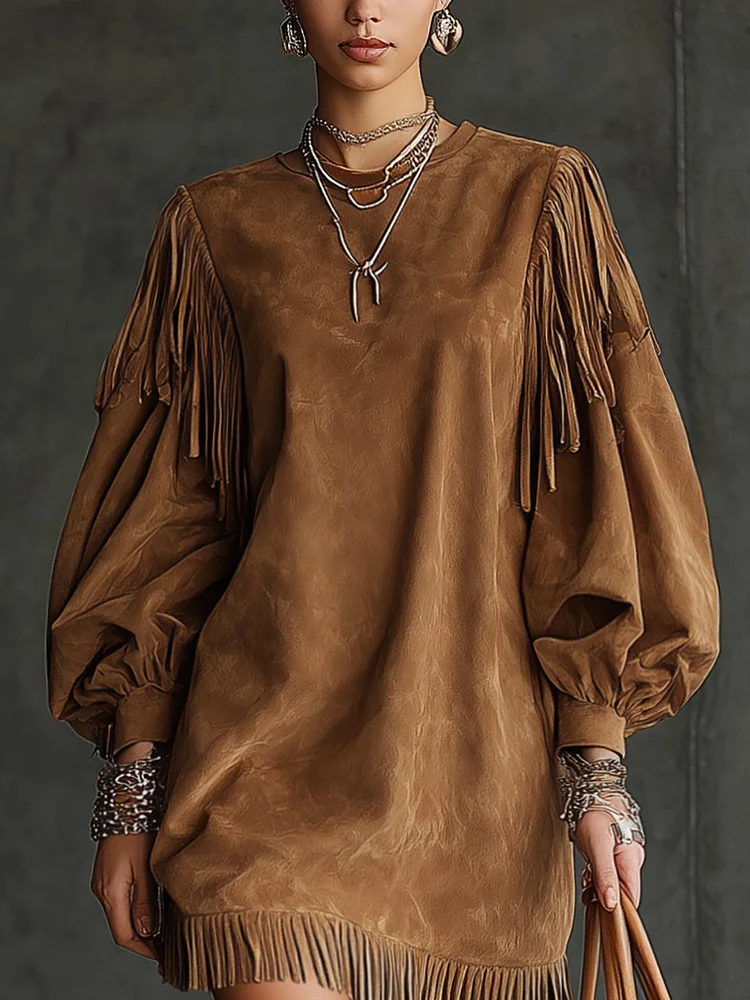Everleigh | Vintage Brown Suede Fringed Puff Sleeve Mini Dress