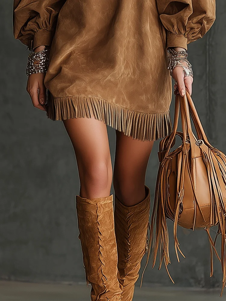 Everleigh | Vintage Brown Suede Fringed Puff Sleeve Mini Dress