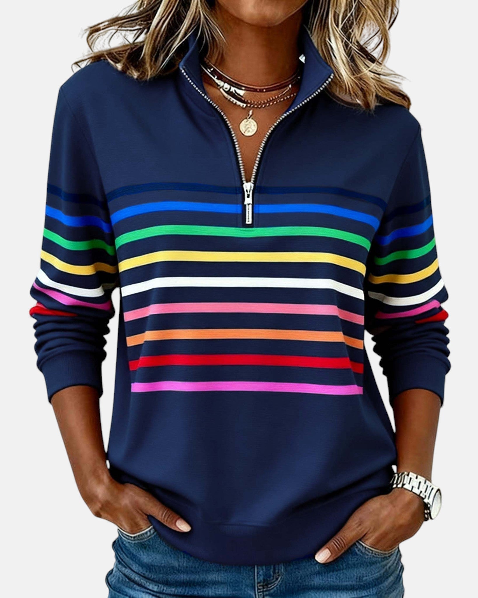 Kira | Rainbow Striped Zip Sweatshirt