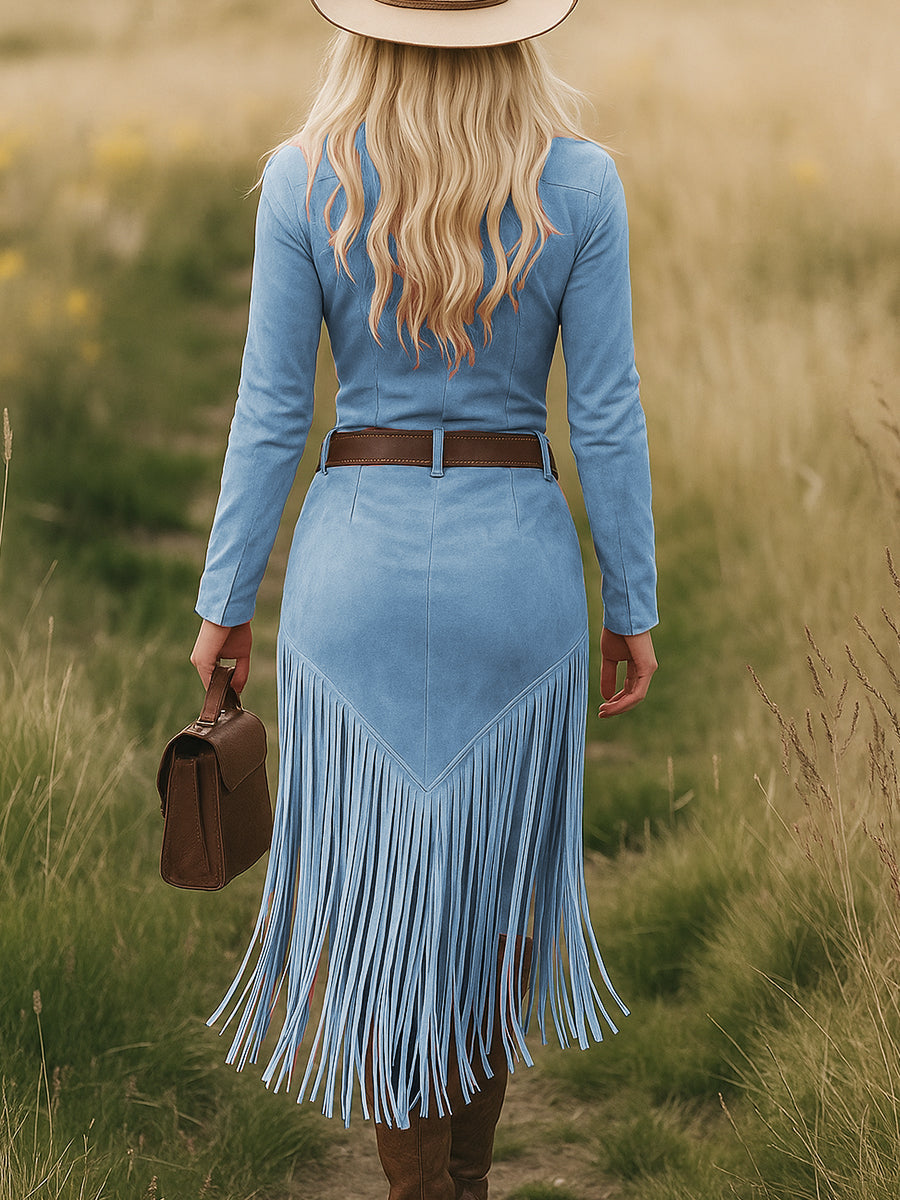 Raelynn | Retro Western Lapel Zipper Long Sleeve Tassel Midi Dress