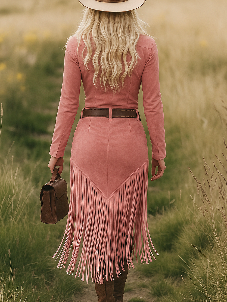 Raelynn | Retro Western Lapel Zipper Long Sleeve Tassel Midi Dress