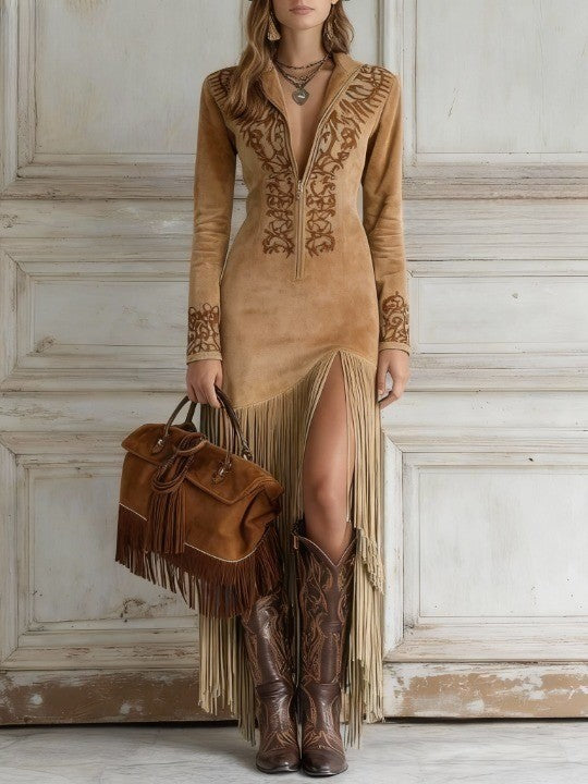 Iris | Western Half-Zip Embroidered Faux Suede Fringe Maxi Dress
